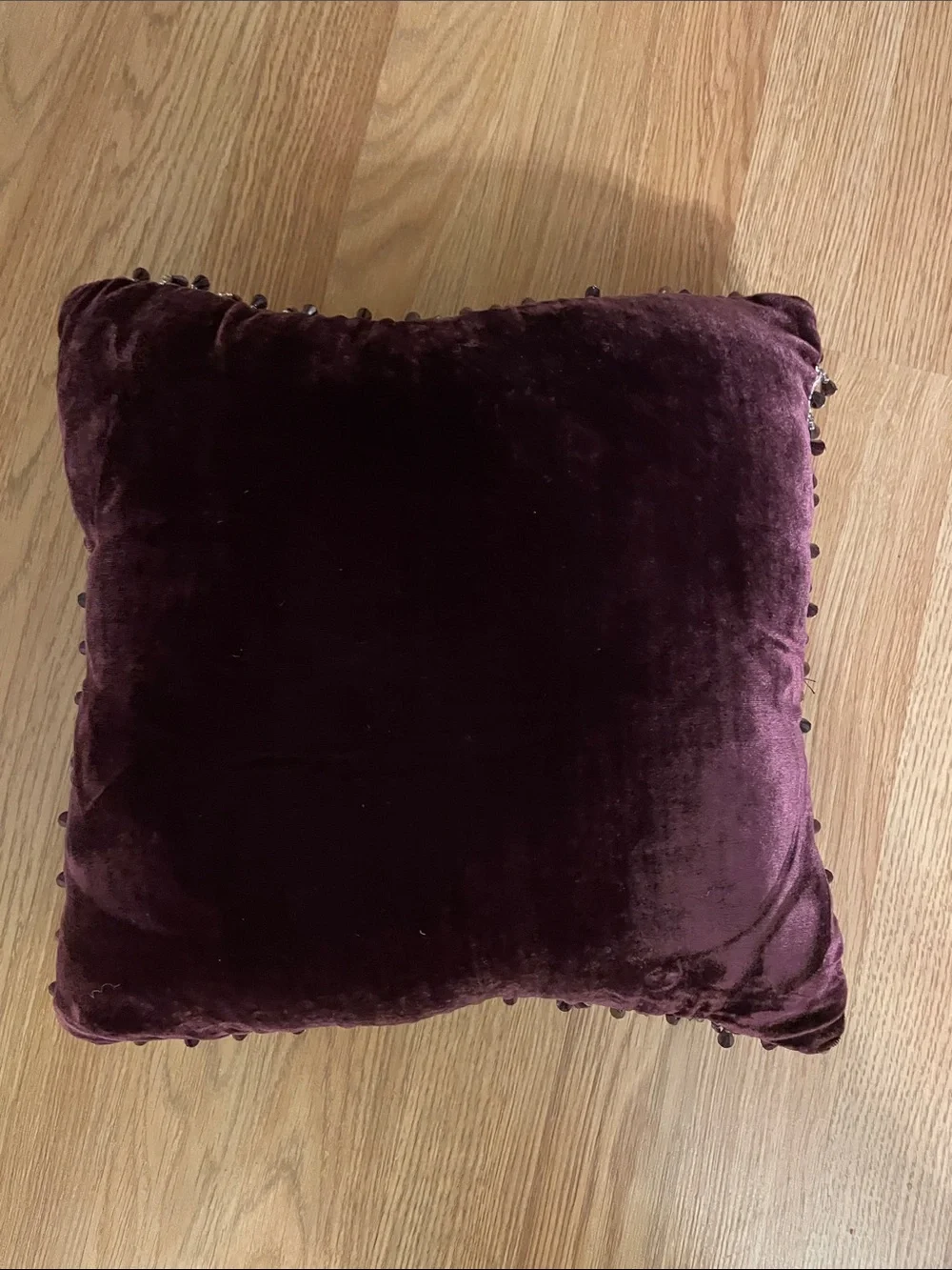 Plum Velvet Decorative Throw Pillow with Beaded Trim